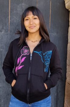 Hand-Embroidered Shipibo-Conibo Cotton Sweater – Colibri/ Flower – Size S
